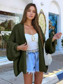 女士休闲宽松奶油黄色返校节基本款开衫毛衣，适合日常、茶会、旅行、秋冬 - 軍綠色 - 查看 4