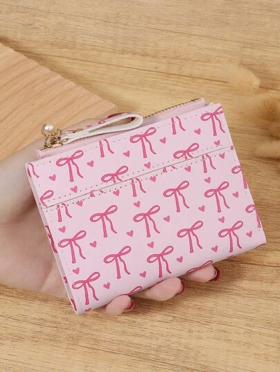 SOUTHLAND&KANGAROO 蝴蝶结爱心图案包，折叠小钱包口袋钱包小钱包双折超薄女士钱包轻便便携式信用卡钥匙包短款钱包可爱现代时尚生日礼物圣诞周年纪念女士女孩女士、商务、周年纪念、圣诞节、情人节、生日礼物、礼物、爱人、女士、女士、学校用品包、宿舍和返校