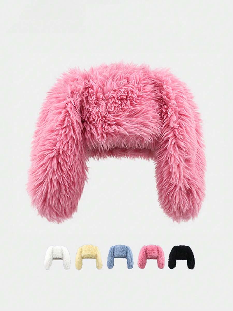 ROMWE Kawaii 1pc Women's Sweet Cute Rabbit Ear Plush Hat, Winter Thickened Warm Anti-Cold Ear Protector Headwear, Spring New Cute Cartoon Rabbit Ear Decor Soft Furry Warm Plush Hat With Fun Design, Suitable For Outdoor Walks, Shopping, Daily Wear (Hat Circumference Slightly Small)