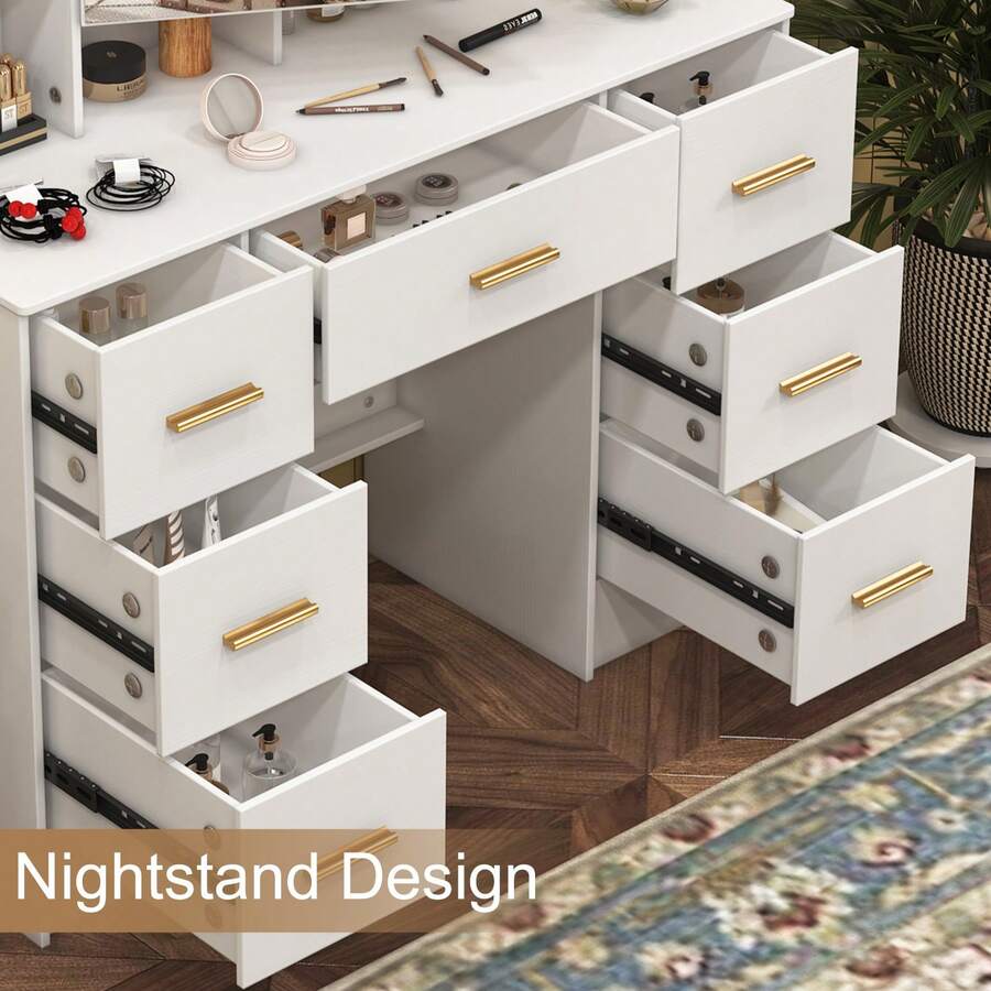 Tocador con tablero grande, 7 cajones, espejo iluminado y armarios potentes, tocador de dormitorio para adolescentes - Perfect For Organizing Makeup, Skincare, Elegant Vanity|Decorative Vanity, Vanity Furniture, Compact For Small Space, Bedroom Decor Gift, Perfect Gift For Women Girls , Ideal para regalos de Navidad y Halloween. - Blanco - Ver 1