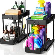 Under Sink Organizer And Storage, Kitchen Organization Rack With Double Sliding Cabinet Drawers, Multi-Purpose Storage Shelf Holder With 4 Hooks For Bathroom, Pantry, Bathroom Accessories, Room Decor