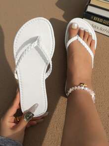 1 Pair Women's Woven Thong Flip Flops, White Casual Flat Sandals, Summer Holiday Style