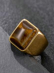 黑色粗戒指男士虎眼石戒指不锈钢铸造深色哥特式戒指朋克天然石首饰摇滚戒指日常佩戴男友礼物开业季礼物 - 虎眼石戒指 - 查看 7
