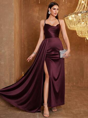 MUXXN Vestido formal de fiesta con escote en V, espalda descubierta, tirantes cruzados y bloque de color con pliegues