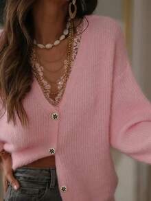 Women's V-Neck Cardigan - Lace Collar Decorated With Crystal Rhinestones, Solid Color Knit Sweater, Long Sleeve Open Front, Showcasing Feminine Casual Chic Style - Pink - View 5