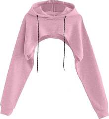 Women Crop Top Pullover Sweatshirt Long Sleeve Drawstring Hoodie - 淺粉色 - 查看 1