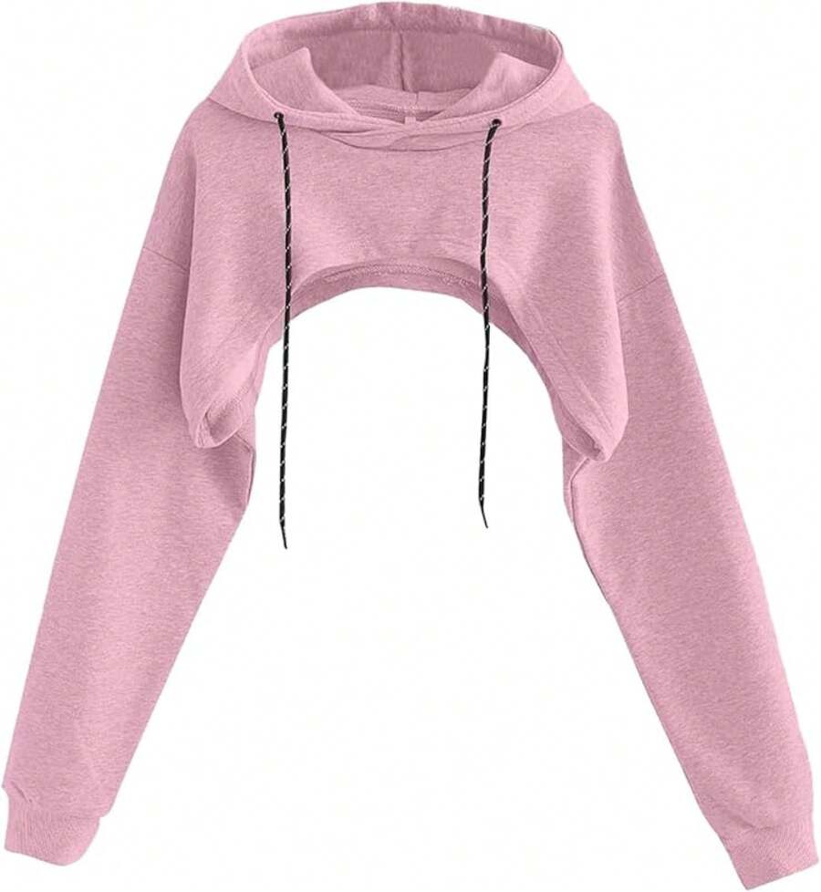Women Crop Top Pullover Sweatshirt Long Sleeve Drawstring Hoodie - 淺粉色 - 查看 1