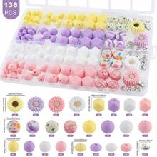 136 件/盒，珠宝制作套件，多色向日葵硅胶珠，以及 15 毫米硅胶圆珠、14 毫米硅胶六角珠和 12 毫米硅胶豆珠混合在一起，可用于 DIY 手工手链、圆珠笔、串珠钥匙扣、背包吊坠等。硅胶材质坚固耐用，可作为礼物赠送 - 彩色 - 查看 12