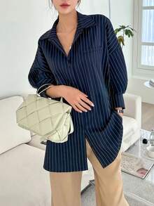 Plus Size Women Casual Loose Vertical Striped Shirt, Fall Clothes - 藏蓝色 - 查看 2