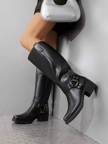 Women's Motorcycle Boots Side Zipper Knee High Boots Square Toe Chunky Low Heel Buckle Decorated Biker Fashion Stylish Riding Boots Festival Dresses For Woman - Rỉ Nâu - Xem 3