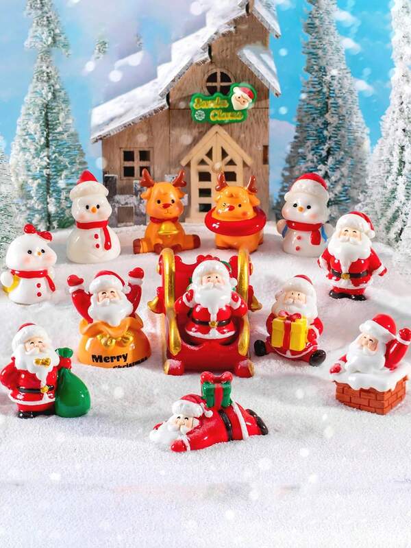 13Pcs Christmas Miniature Figurines Resin Mini Christmas Ornaments Set Santa Claus Elk Snowman Mini Christmas Figurines For Crafts Garden Dollhouse Bonsai Micro Landscape DIY Winter Party Decoration(Random Style)