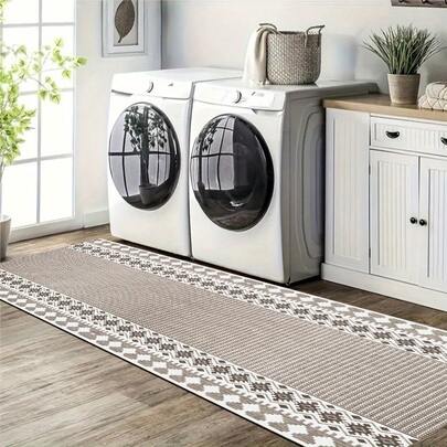 1 pieza Alfombra de área extra larga lavable y antideslizante - Alfombra con patrón geométrico 100% poliéster, adecuada para pasillo, cocina, dormitorio, sala de estar, entrada - Decoración de estilo granja, lavable a máquina, disponible en varios tamaños, felpudo lavable, decoración de pasillo, decoración del hogar clásica, fácil mantenimiento