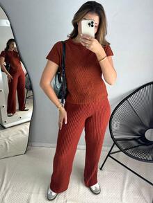 Conjunto Kit Calça Pantalona e Blusa Colete Tricot Mousse Feminino - Caramelo - Visão 5