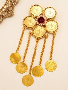 1 pezzo Spilla vintage floreale colorata, ciondolo con nappina a moneta d'oro, adatta come fermaglio per sciarpa, ideale per uso quotidiano e vacanze delle donne, regalo per San Valentino, Festa della Mamma - Oro giallo - Visualizzare 15
