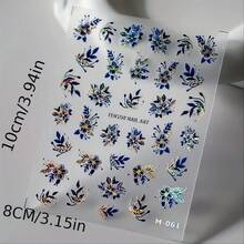 Shimmering 3D Floral Nail Art Stickers - Self-Adhesive, Unscented Glitter Decals For Easy DIY Manicures, Iridescent Blue & Purple Flower Designs, Perfect For Plastic Surfaces, Nail Stickers - Màu xanh lam - Xem 6