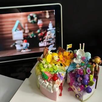 Colorful Fruit Birthday Cake Blocks, Creative DIY Cake Blocks Small Particle Assembly Toys, Block Set, ABS Material, DIY Game Toys, Home Decoration, Christmas/Valentine's Day/New Year Gifts, Carnival Easter Gifts