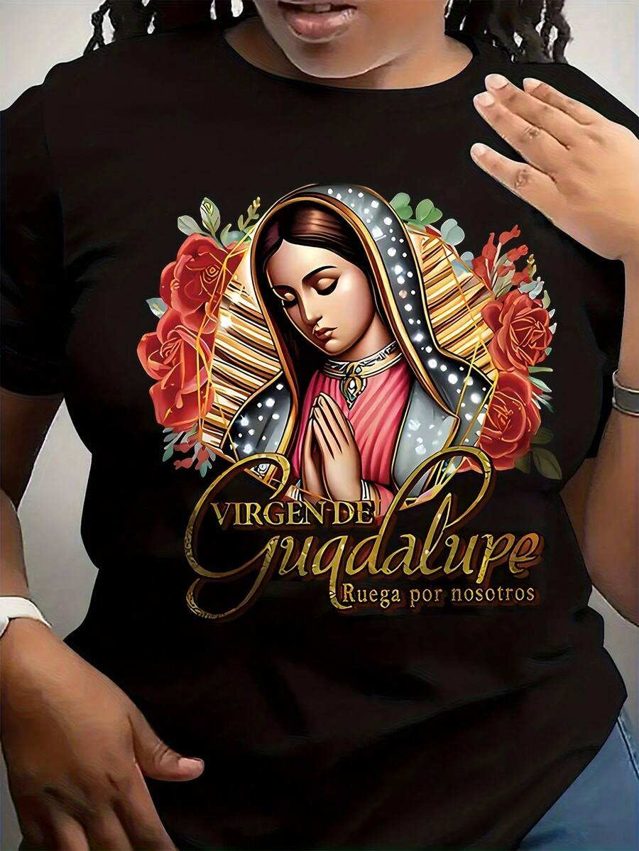 Women's Guadalupe Print T Shirt Short Sleeve Round Neck Soft Casual Top With Floral Patterns And Spanish Text For Spring Summer - Black - View 1