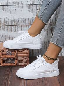 Women White Sneakers Spring Autumn Sport Running Shoes Casual Lace Up Flat Skid-Proof Shoes - White - View 2