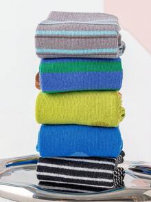 5 Pairs Boys' Striped Patchwork Socks (1-12 Years Old), Suitable For Boys' Outdoor Sports Wear In All Seasons, Fashionable, Soft And Minimalist, Suitable For Student And Teenager Outfits