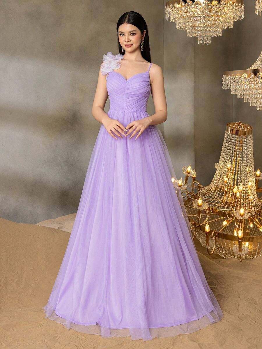 Alisa&Leo Teen Girl Ruffle Tulle Formal Dress - Floral Decor, Adjustable Straps And Pleated Waist - Perfect For Prom, Wedding And Evening Party - Purple - View 1