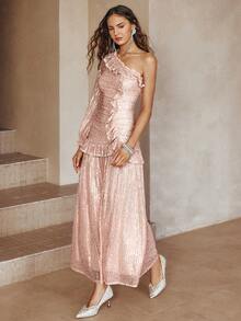 Simplee 女士春夏新款不对称设计亮片褶皱荷叶边长款晚礼服，适合婚礼、派对、生日等场合 - 粉色 - 查看 3