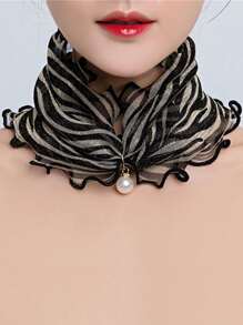 1 pieza Bufanda circular de mujer con patrón de rayas y decoración de perlas falsas, accesorio de moda para el cuello para la vida diaria