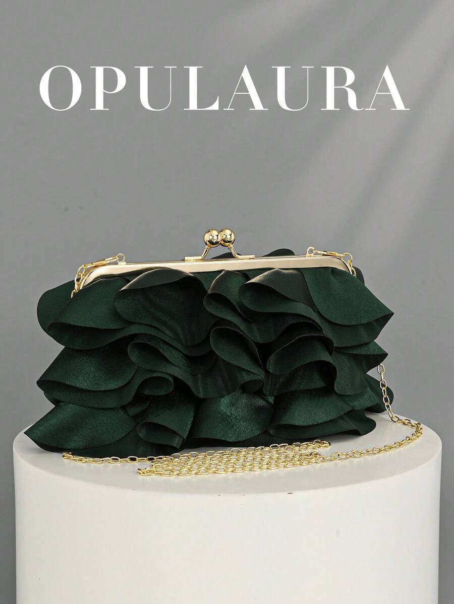 OpulAura 女士优雅迷人花瓣宴会手拿包，荷叶边设计晚礼服手提包，适合婚礼/度假/正式派对/舞会，配有链条 - 綠色 - 查看 1