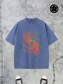 Lines T-Shirts, Fashionable Retro Men's T-Shirt , 230g Heavyweight Cotton, Dropped Shoulder Design, Unisex, Suitable For All Seasons, Ideal For Casual Occasions, Gift For Boyfriends, 100% Pure Cotton, Streetwear Designed For Young People, Perfect Gift Between Friends, Men's Clothing - 藍色 - 查看 1