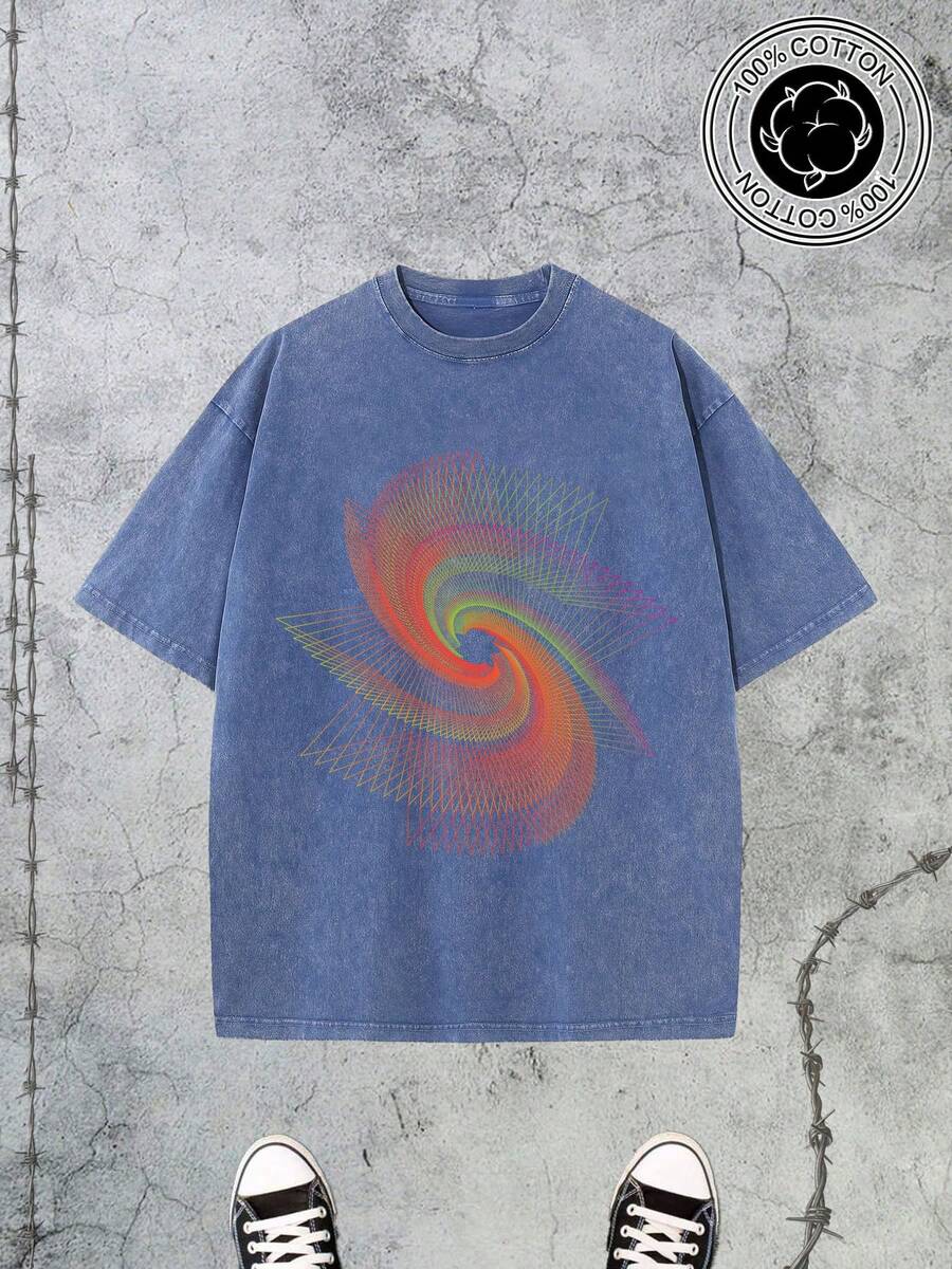 Lines T-Shirts, Fashionable Retro Men's T-Shirt , 230g Heavyweight Cotton, Dropped Shoulder Design, Unisex, Suitable For All Seasons, Ideal For Casual Occasions, Gift For Boyfriends, 100% Pure Cotton, Streetwear Designed For Young People, Perfect Gift Between Friends, Men's Clothing - 藍色 - 查看 1