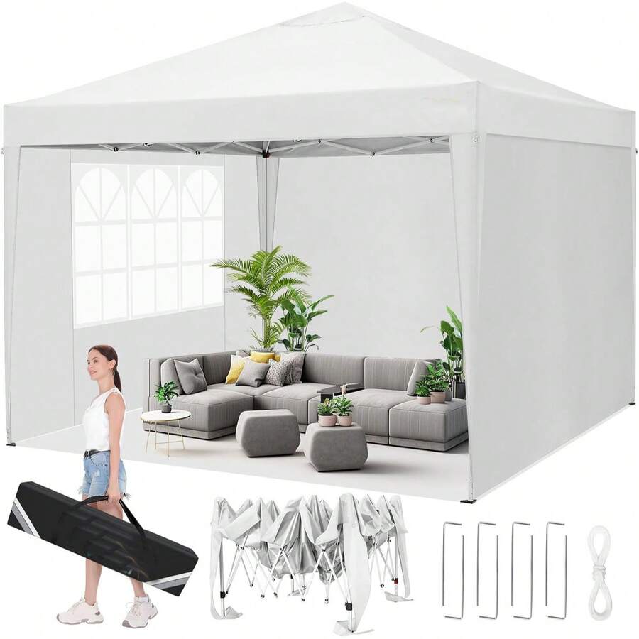 tooluck 10x10 Pop Up Canopy Tent With 3 Removable Sidewalls, Waterproof Portable Easy Up Canopy With Carry Bag, Instant Outdoor Shelter Tents For Parties, Events, Backyard Gatherings, Weddings - 白色 - 查看 1