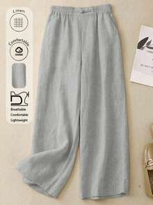 女士舒适休闲亚麻手工纽扣日常裤，带衬里，不透明，舒适度升级 - 灰色 - 查看 6