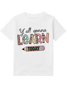 Girls & Boys " Graphic Cotton Tees, Back To School Clothes Girls, Black Colorful Summer Shirts With And Leopard Print, Gift For First Day Of School, Round Neck Short Sleeve T-Shirt, Girls School Clothes, Suitable For Boys And Girls At School Gifts - 白色 - 查看 1