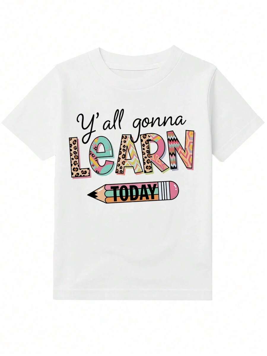 Girls & Boys " Graphic Cotton Tees, Back To School Clothes Girls, Black Colorful Summer Shirts With And Leopard Print, Gift For First Day Of School, Round Neck Short Sleeve T-Shirt, Girls School Clothes, Suitable For Boys And Girls At School Gifts - 白色 - 查看 1