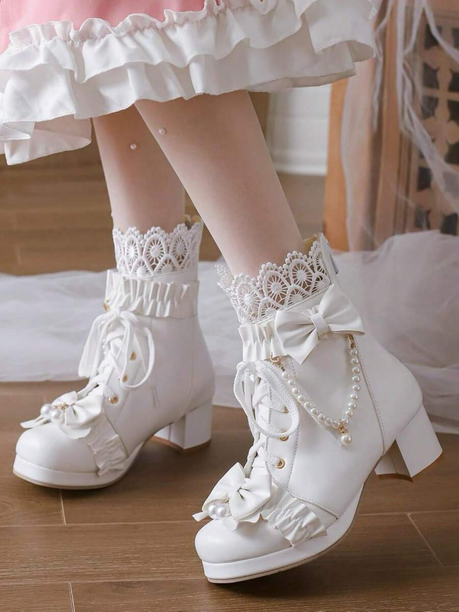 Sweet Lolita Style Women's Ankle Boots Round Toe Lace Trim Bow Accents Pearl Chains Lace Up Back Zipper Block Mid Heel Tea Party Cosplay Kawaii Looks Short Boots - 白色 - 查看 1