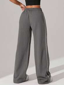 1pc Women's Waffle Texture Loose Fit Side Contrast Color Straight Leg Sweatpants, Suitable For Outdoor Running, Gym Workout, Casual Street Wear, All Season - Dark Grey - View 3