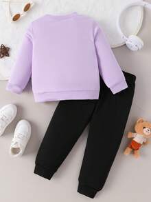 女婴休闲可爱恐龙字母印花圆领长袖上衣和裤子套装，春秋 - 紫色 - 查看 2
