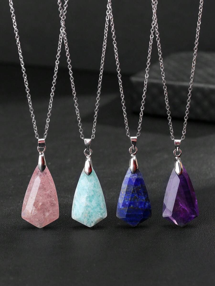 1 件/天然水晶玫瑰石英天河石青金石紫水晶钻石形切割时尚个性吊坠项链，节日和聚会时赠送朋友的最佳选择 - 菱形吊飾項鍊 - 查看 1