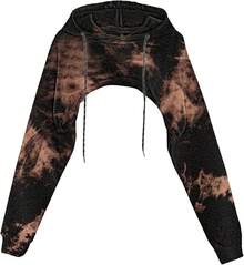 Women Crop Top Pullover Sweatshirt Long Sleeve Drawstring Hoodie - 黑棕色 - 查看 1