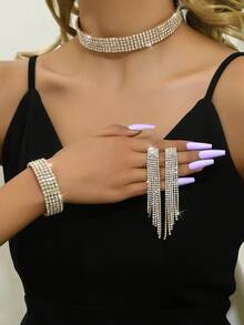 3 件套时尚性感多层水钻项链、耳环、手链、新娘珠宝配饰、短项链、圣诞礼物