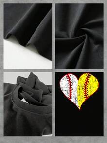 Camiseta de mujer con gráfico de corazón de béisbol y sóftbol, diseño desgastado, camiseta para entusiastas del deporte, top informal de algodón, regalo único para ella, camisa cómoda y elegante para todos los días (149) de gran tamaño - Negro - Ver 4