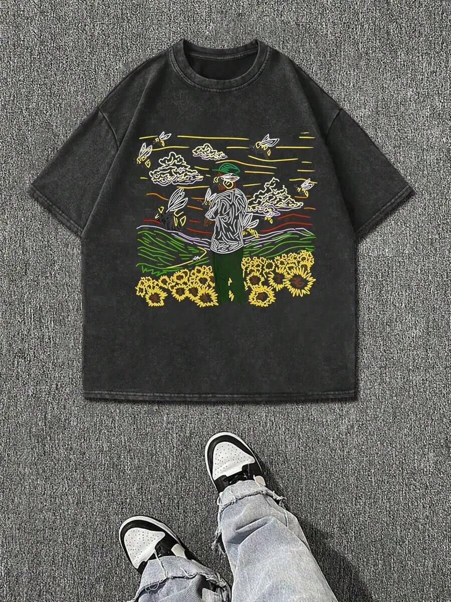 230g Washed, Photo Printed T-Shirt, High-Quality Wax Printed Cotton Retro Fashion Brand T-Shirt, Men's T-Shirt, Beach Essential, Summer T-Shirt, Holiday Gift, Perfect Gift - 黑色 - 查看 1