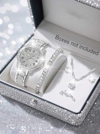 Women's Watch 1 Set Elegant Quartz Watch And Jewelry Set, Fashion Women's Round Watch, Rhinestone Necklace, Earrings, Ring, Bracelet Set Perfect For Everyday Wear, Birthday Gifts, Parties, Holiday Gatherings, And As The Ideal Gift For Yourself Or Friends No Box