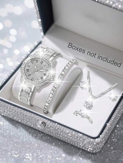 Horloge Set Elegante Quartz Jewelry Set, Round Watch, Rhinestone Necklace, Earrings, Ring, Bracelet Perfect Everyday Wear, Birthday s, Parties, Holiday Gatherings, As The Ideal Yourself Or Friends No Box