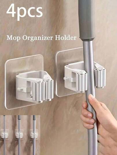 Väggmonterad mopphållare utan borr, starkt självhäftande lämplig för kök, badrum, balkong, perfekt för mopp, redskap, paraplyförvaring, badrumstillbehör, rumsinredning