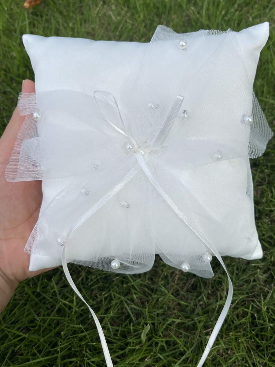 1 pieza Cojín para anillos de boda, cojín portador de anillos de encaje y perla color marfil para la ceremonia de boda - Beis - Ver 1