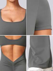 NcmRyu 1 件女士无缝性感露背休闲连体运动短袖喇叭裤 - 灰色 - 查看 3