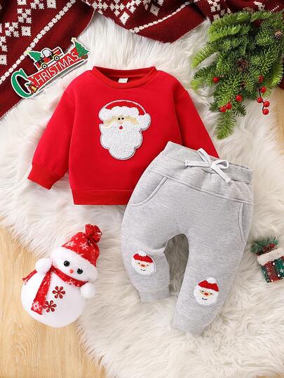 2pcs/Set Kids Christmas Outfit, Santa Claus Portrait Long Sleeve Top + Pants Sweatsuit
