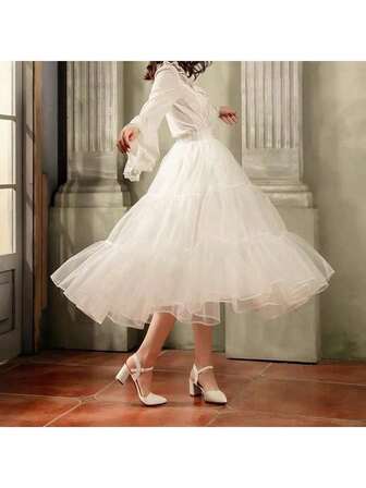 1pc Women's 80cm Long White Petticoat, 2-Layer Crystal Tulle Underskirt, Boneless Petticoat, Adjustable Lolita Crinoline, Soft Girl Tutu Skirt, Cloud Skirt, Suitable For Wedding, Party, Performance, Cosplay Dress