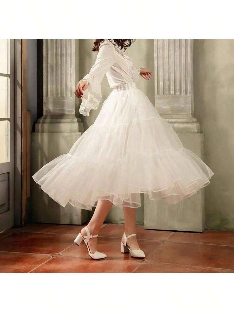 1 Stück 80cm langes weißes Petticoat für Damen, 2-lagiger Kristall-Tüll Unterrock, knochenloser Petticoat, verstellbare Lolita Krinoline, Soft Girl Tüllrock, Wolkenrock, geeignet für Hochzeit, Party, Aufführung, Cosplay Kleid - Verschiedenfarbig - Übersicht 1