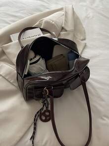 1个简约复古拉链手提包，带口袋，双提手，适合女士休闲和通勤日常使用 - 咖啡 - 查看 7